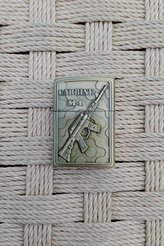 Ozel Tasarim Sari Renkli Carbine M4 Makineli Tufek Kabartmali Zippo Cakmak