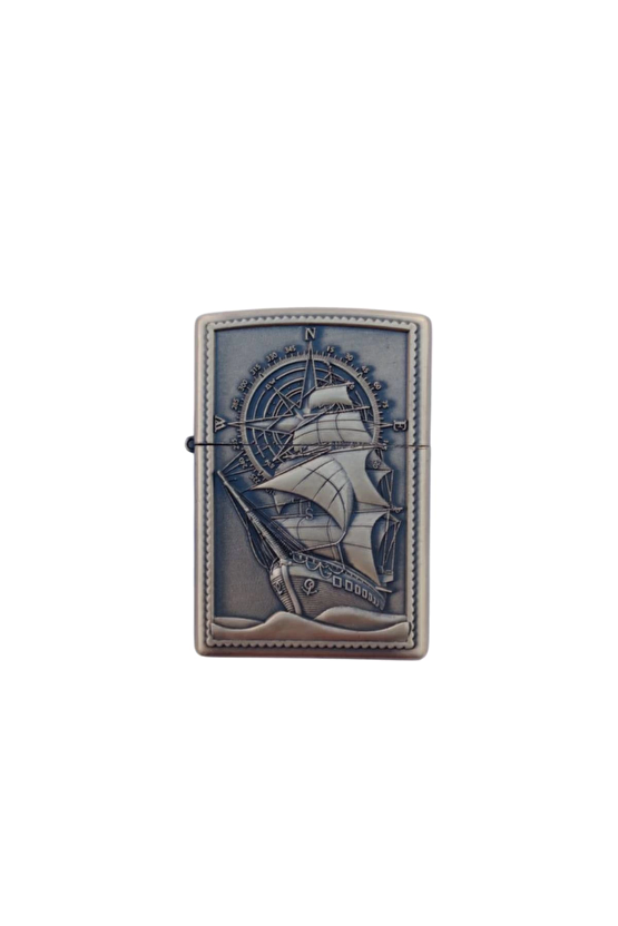 Ozel Tasarim Sari Renkli Pusulali Savas Gemili Kabartmali Premium Zippo Cakmak