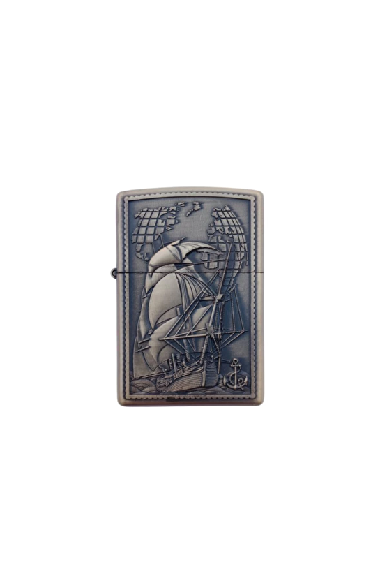 Ozel Tasarim Sari Renkli Dunya Haritali Savas Gemili Kabartmali Premium Zippo Cakmak