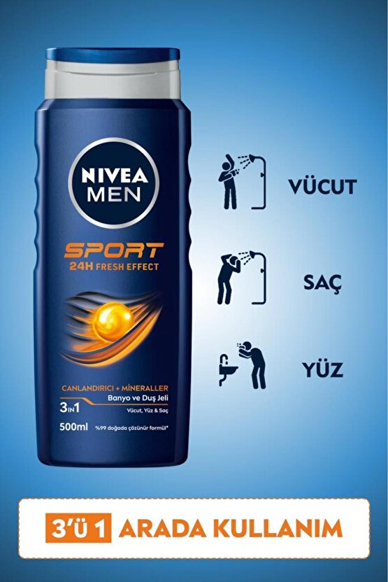 MEN Erkek Duş Jeli Sport 500ml, Canlandırıcı, Mineral, Vücut Saç ve Yüz, Spordan Sonra Yenileyici