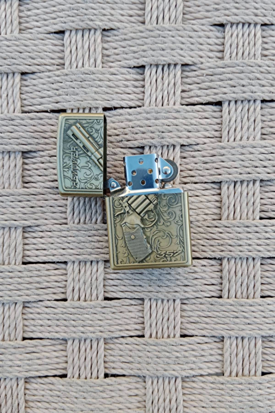 Bronz Renkli Revolver 38 Lik Toplu Tabanca Kabartmali Benzinli Zippo Çakmak