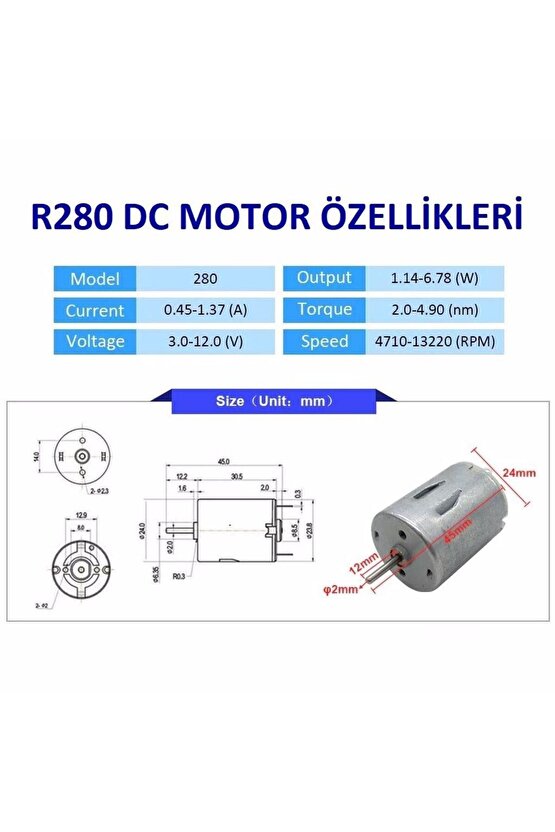 R280 3-12v 5000-15000 Rpm Dc Motor, Deney Motoru - 1 Adet