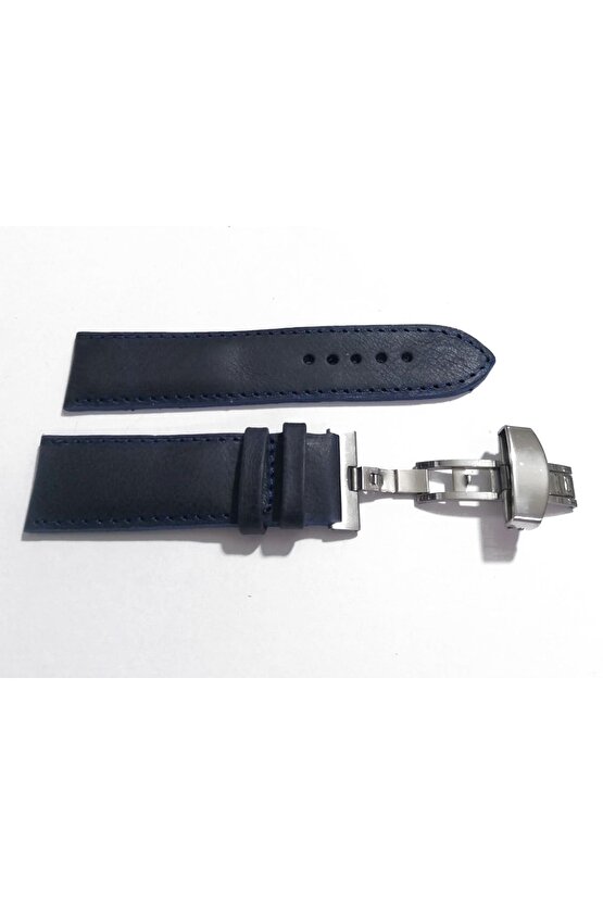 Her Saate Uygun Kelebek Toka 24 MM Deri (255) Uyumlu GUMUŞ TOKA MAVİ