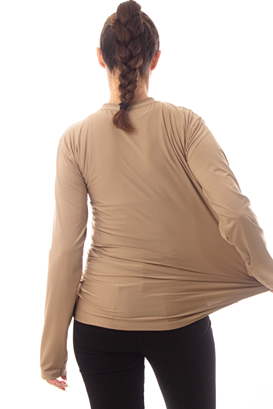 Uzun Kollu Kum Beji Renkli Yuvarlak Yakali Microfiber Nano Thermal İclik Tisort