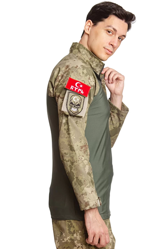 Kara Kuvvetleri Kamuflaj Renkli Uzun Kollu Taktik Likrali Operasyon Combat Tisort