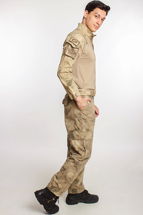 Jandarma Col Kamuflaj Renkli Uzun Kollu Operasyon Likrali Combat T Shirt Kargo Cepli Dogu Komando Taktik Pantolon