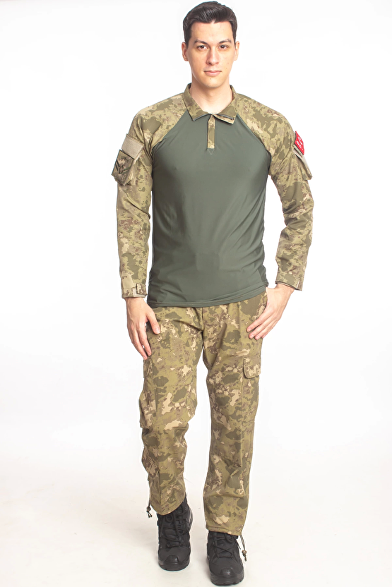 Kara Kuvvetleri Yeni Kamuflaj Renkli Kargo Cepli Taktik Pantolon Uzun Kollu Likrali Combat T Shirt