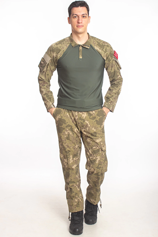Kara Kuvvetleri Yeni Kamuflaj Renkli Kargo Cepli Taktik Pantolon Uzun Kollu Likrali Combat T Shirt
