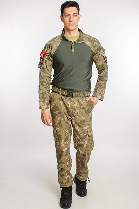 Kara Kuvvetleri Yeni Kamuflaj Renkli Kargo Cepli Taktik Pantolon Uzun Kollu Likrali Combat T Shirt