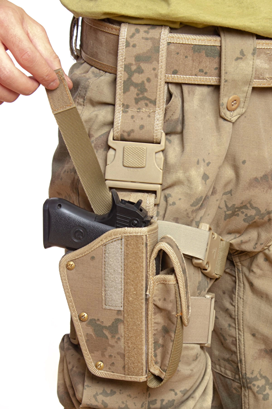 Sag El Jandarma Kamuflaj Renkli Tek Baglantili Sarjorluklu Airsoft Palaskaya Kemere Geçirmeli İmpertex Bacak Silah Kilif