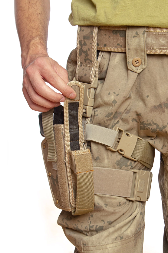 Sag El Jandarma Kamuflaj Renkli Tek Baglantili Sarjorluklu Airsoft Palaskaya Kemere Geçirmeli İmpertex Bacak Silah Kilif