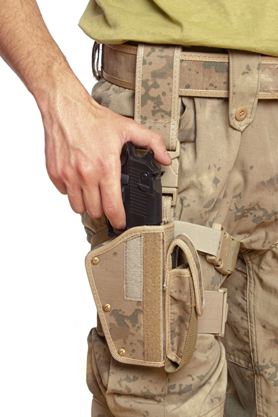 Sag El Jandarma Kamuflaj Renkli Tek Baglantili Sarjorluklu Airsoft Palaskaya Kemere Geçirmeli İmpertex Bacak Silah Kilif