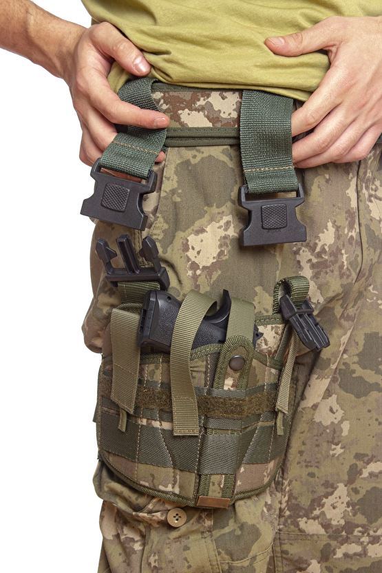 Sag El Kara Kuvvetleri Kamuflaj Renkli Cift Baglantili Airsoft Palaskaya Kemere Gecirmeli İmpertex Bacak Silah Kilifi