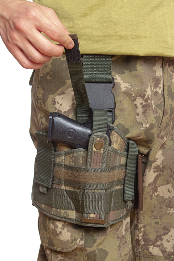 Sag El Kara Kuvvetleri Eski Kamuflaj Renkli Tek Baglantili Airsoft Palaskaya Kemere Gecirmeli İmpertex Bacak Silah Kilif