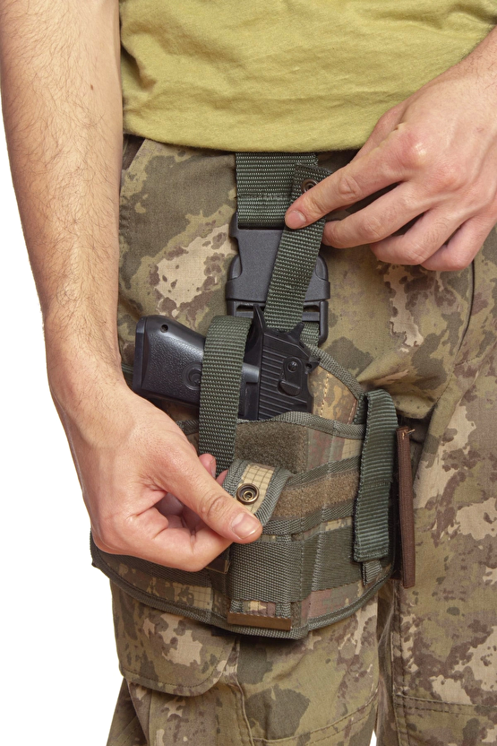 Sag El Kara Kuvvetleri Eski Kamuflaj Renkli Tek Baglantili Airsoft Palaskaya Kemere Gecirmeli İmpertex Bacak Silah Kilif