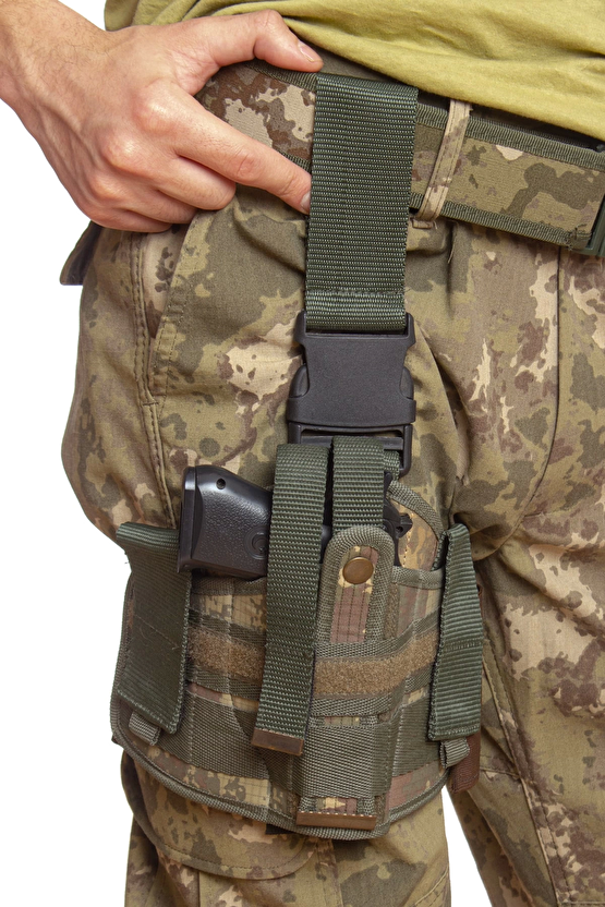 Sag El Kara Kuvvetleri Eski Kamuflaj Renkli Tek Baglantili Airsoft Palaskaya Kemere Gecirmeli İmpertex Bacak Silah Kilif