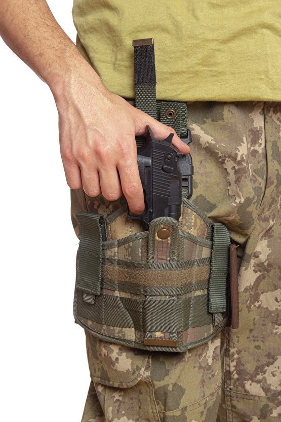 Sag El Kara Kuvvetleri Eski Kamuflaj Renkli Tek Baglantili Airsoft Palaskaya Kemere Gecirmeli İmpertex Bacak Silah Kilif