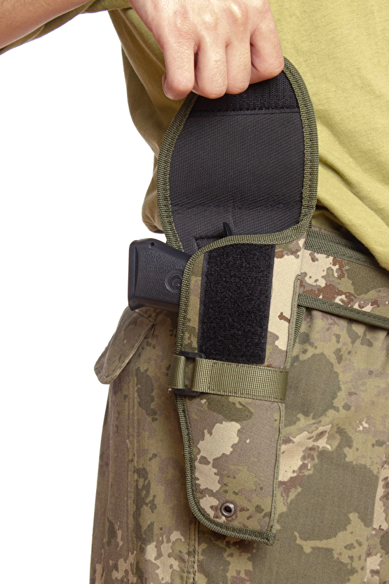 Sag El Kara Kuvvetleri Kamuflaj Renkli Cirtli Kapakli Airsoft Sallamali Palaskaya Kemere Gecirmeli İmpertex Silah Kilifi