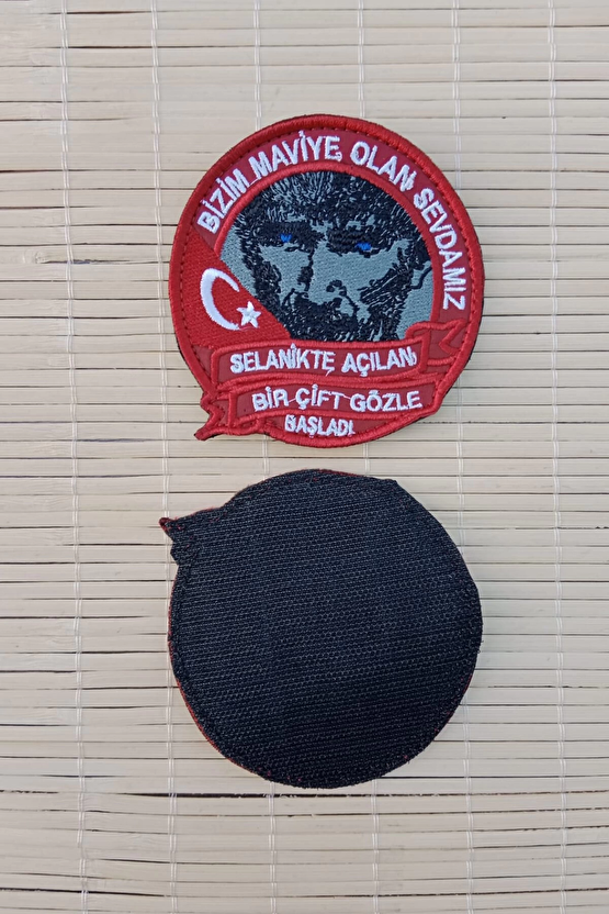 Ataturk Resimli Kirmizi Zemin Nakis İslemeli Bizim Maviye Olan Sevdamiz Arma Patch Pec