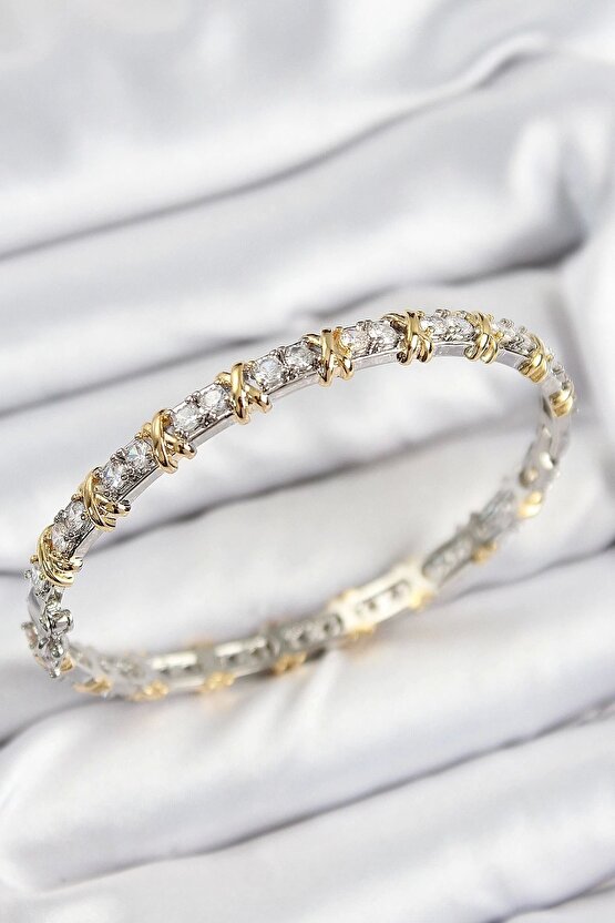 Pirinç Zirkon Taşlı XOXO Model Gümüş Ve Gold Renk Kadın Bileklik