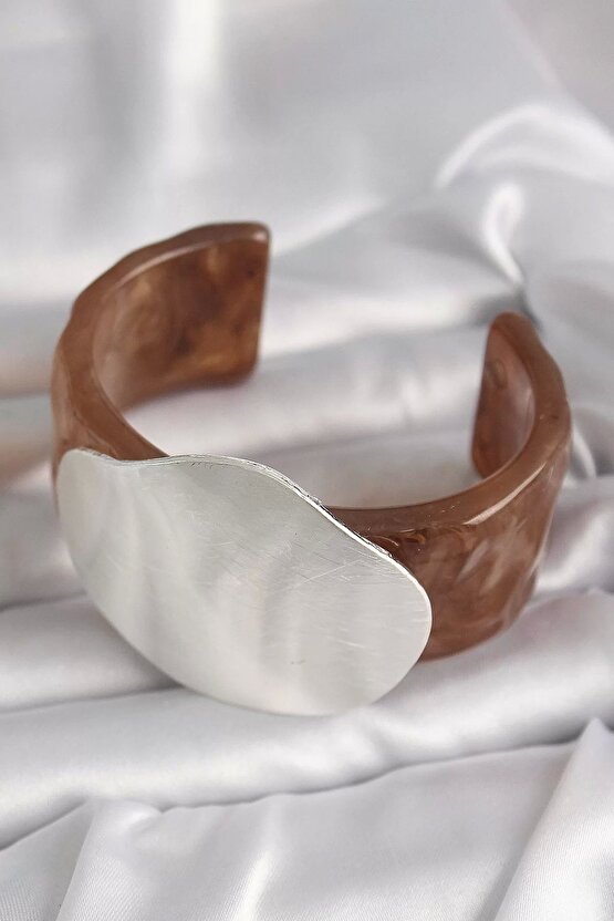 Kahverengi Mermer Desen Akrilik Plastik Gümüş Plaka Model Vintage Kadın Bilezik