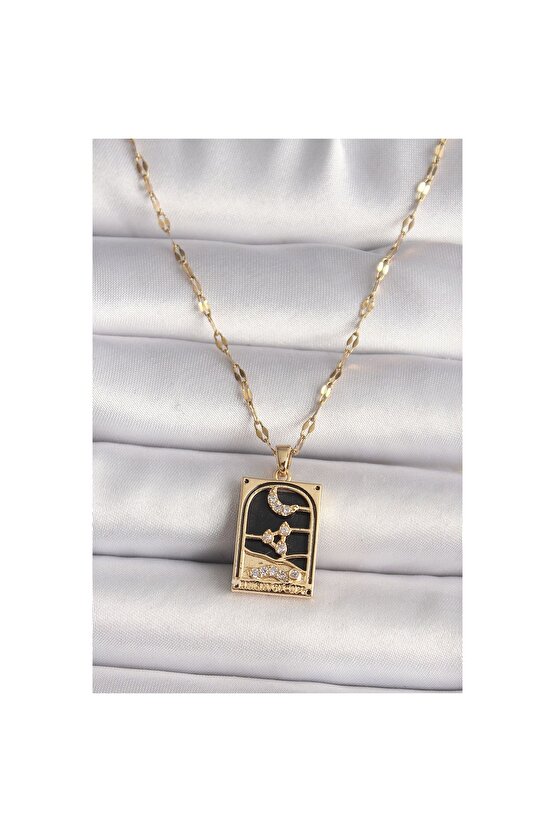 316L Çelik Gold Renk Zirkon Taşlı Ay Figürlü Tarot Model Kadın Kolye