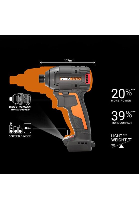 WX265.9 20Volt 200Nm Kömürsüz Profesyonel Şarjlı Darbeli Tornavida (Akü Dahil Değildir)