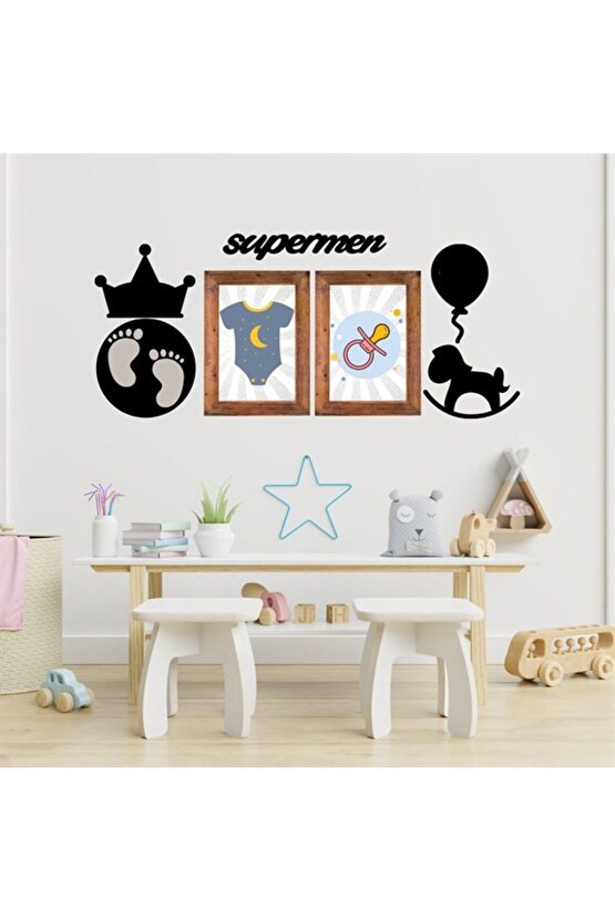 Deco103 Supermen Dekoratif Duvar Süsü Tablo Aksesuar Ahşap Tasarım Hediye Pano Sticker Seti