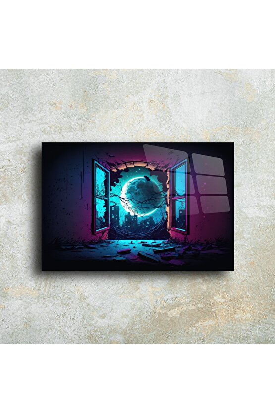 Neon Ay Manzaralı Fantastik Cam Tablo