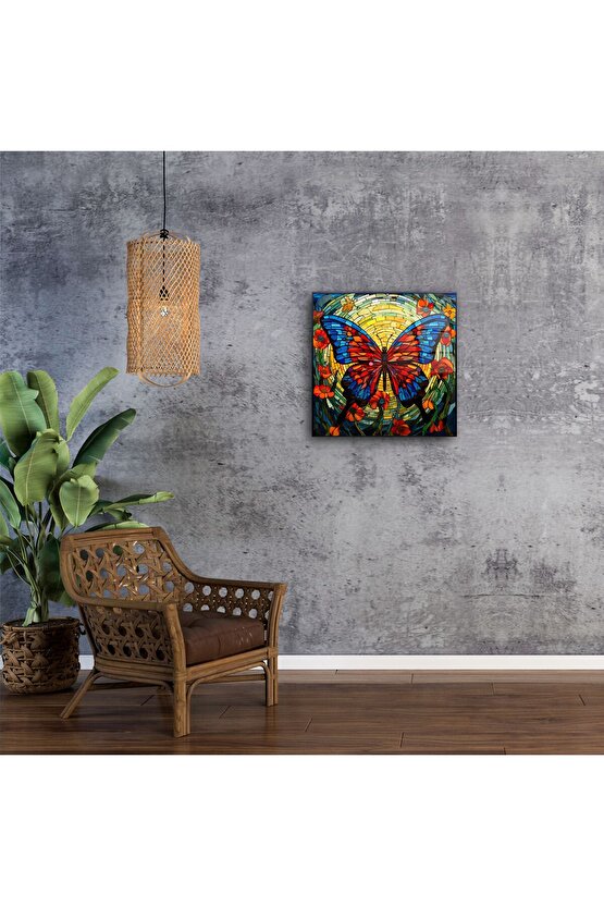 Cam Tablo Kelebek Desenli Renkli Sanat