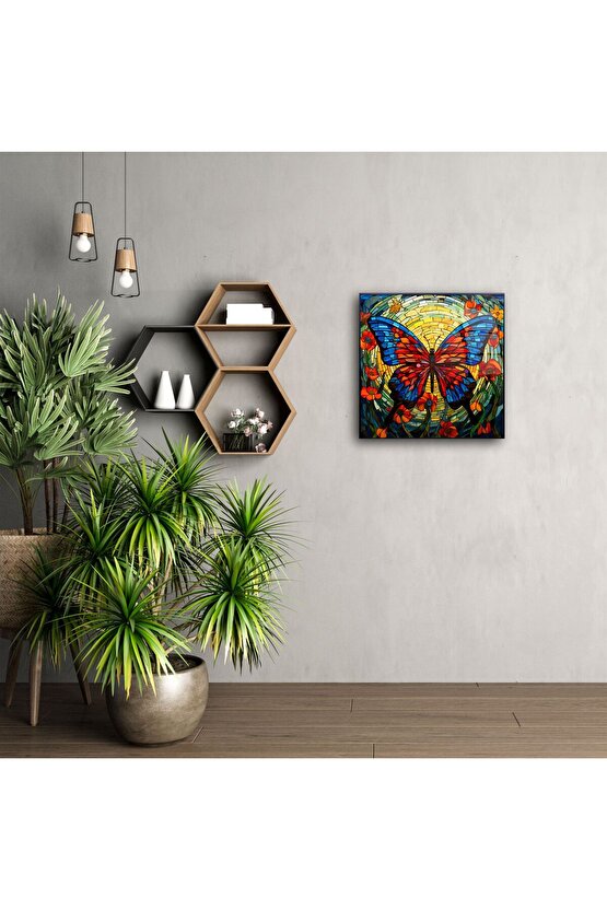 Cam Tablo Kelebek Desenli Renkli Sanat