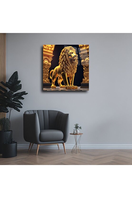Gold Altın Sarısı Aslan Cam Tablo Duvar Dekoru