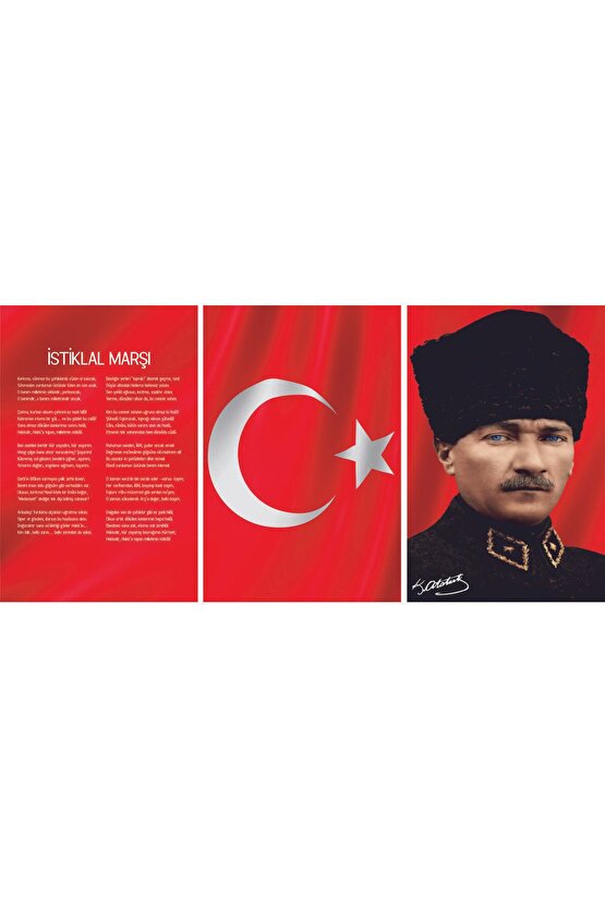 Atatürk, Türkiye Bayrağı ( Ay Yıldız Bayrak ) İstiklal Marşı Üçlü Kombin Cam Tablo Dekoru