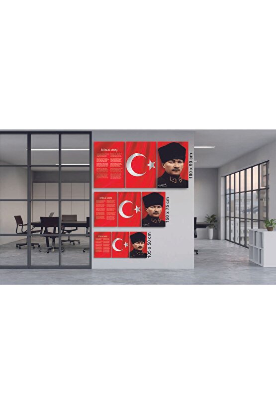 Atatürk, Türkiye Bayrağı ( Ay Yıldız Bayrak ) İstiklal Marşı Üçlü Kombin Cam Tablo Dekoru