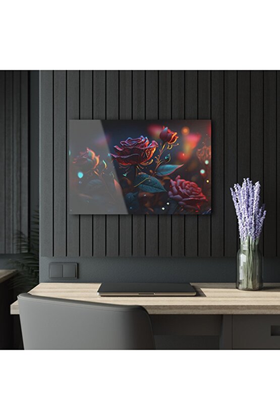 3D Boyutlu Gül Cam Tablo Duvar Dekoru 2