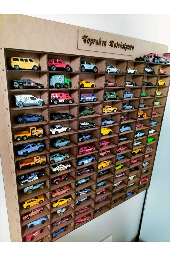 Ahşap 3mm Mdf Hot Wheels Çocuk Odası Oyuncak Araba Duvar Rafı 100 Araçlık
