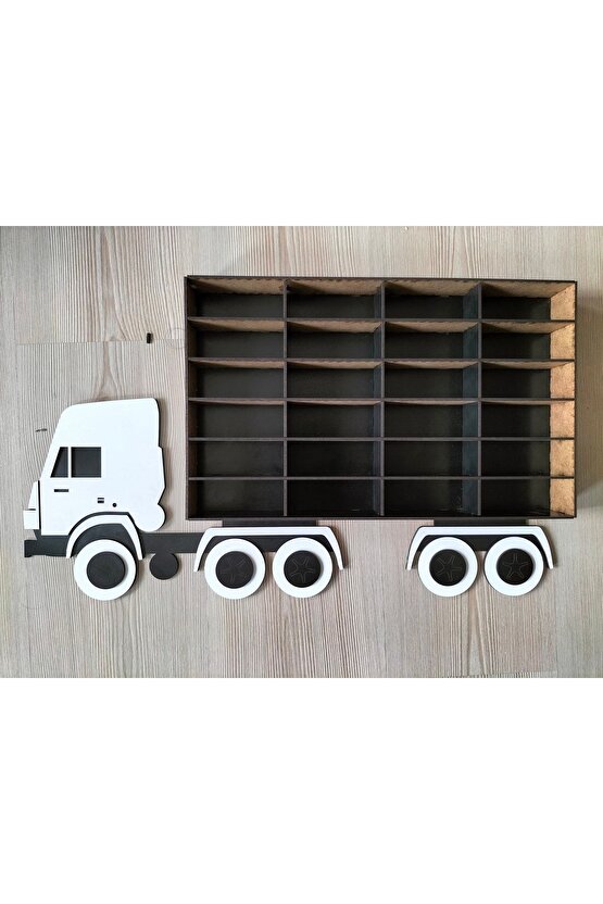 Çift Vagonlu Çocuk Odası Oyuncak Araba Rafı 44 Araç Kapasiteli Kamyon Tır 100x32 Cm Siyah