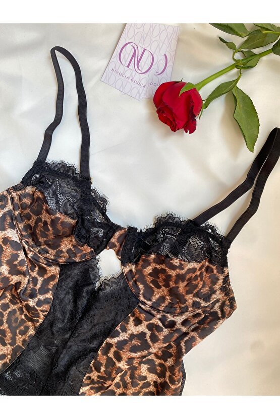 Leopar Desen Dantelli Balenli Bodysuit