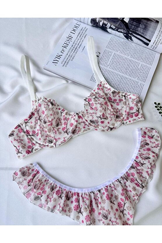 Ekru Romantik Tül Detaylı Kır Çiçeği Desenli Fırfırlı Bralet Sütyen Takımı