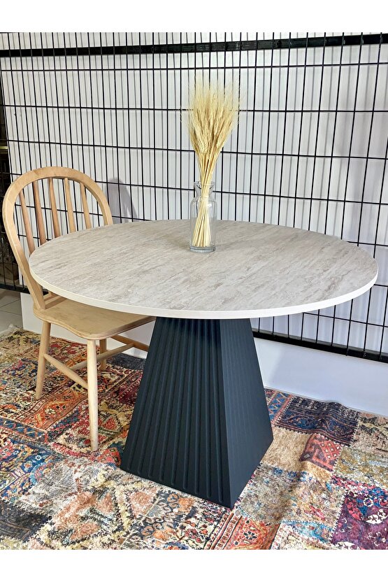 100 cm TRAVERTEN MERMER DESENLİ YEMEK MASASI SİYAH FİTİLLİ MUTFAK SALON BALKON MASASI