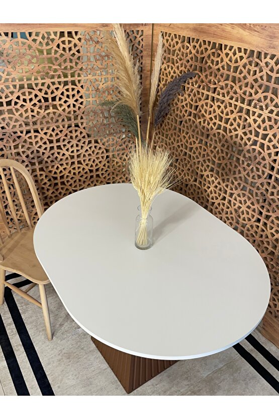 120x90 Cm Yuvarlak Kahverengi Fitilli Ahşap Yemek Masası - Fungi Bohem Serisi - Mutfak Balkon Kafe