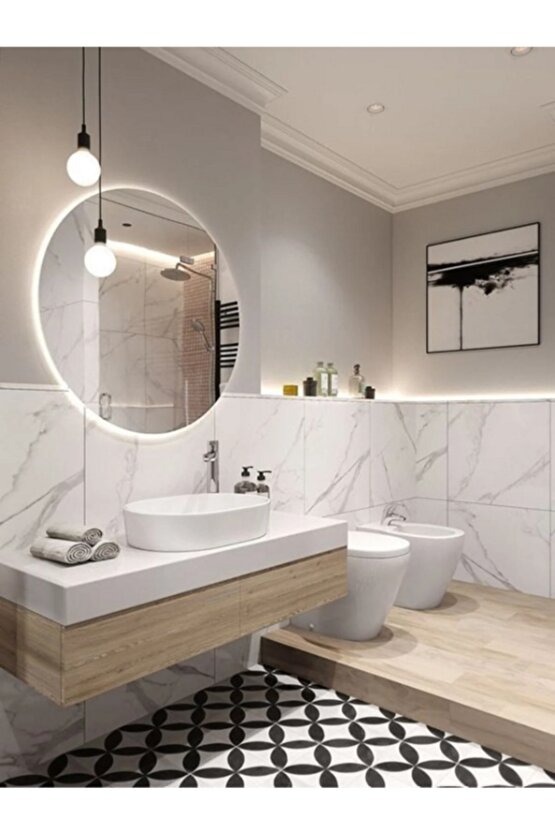 60 cm Beyaz Ledli Yuvarlak Banyo Aynası Makyaj Aynası Trafolu