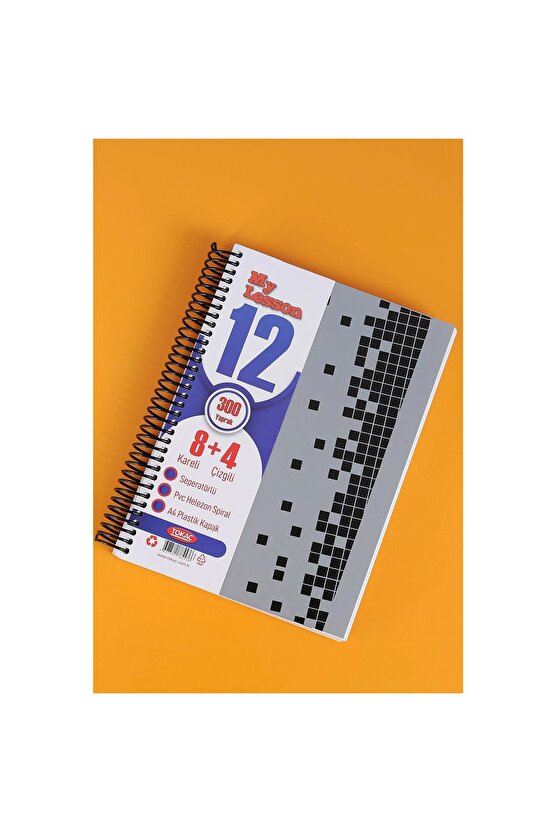 My Lesson 8+4 12 Bölmeli 300 Yaprak Kareli Çizgili Sayfalar PP Kapak A4 Spiralli Defter