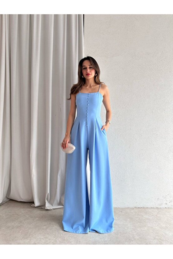 Kadın Askılı Kare Yaka Düğme Detaylı Tulum