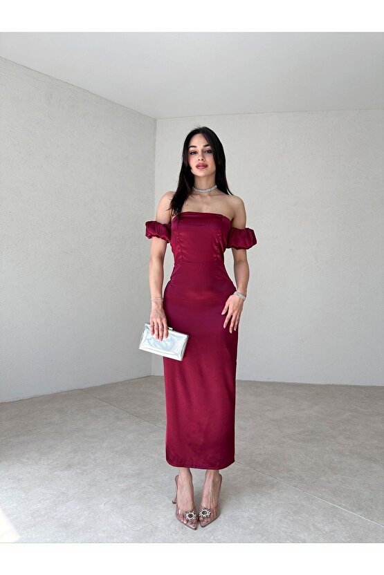 Straplez Kol Detaylı Yırtmaçlı Midi Boy Bordo Şifon Elbise