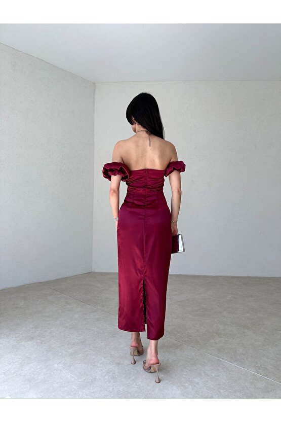 Straplez Kol Detaylı Yırtmaçlı Midi Boy Bordo Şifon Elbise