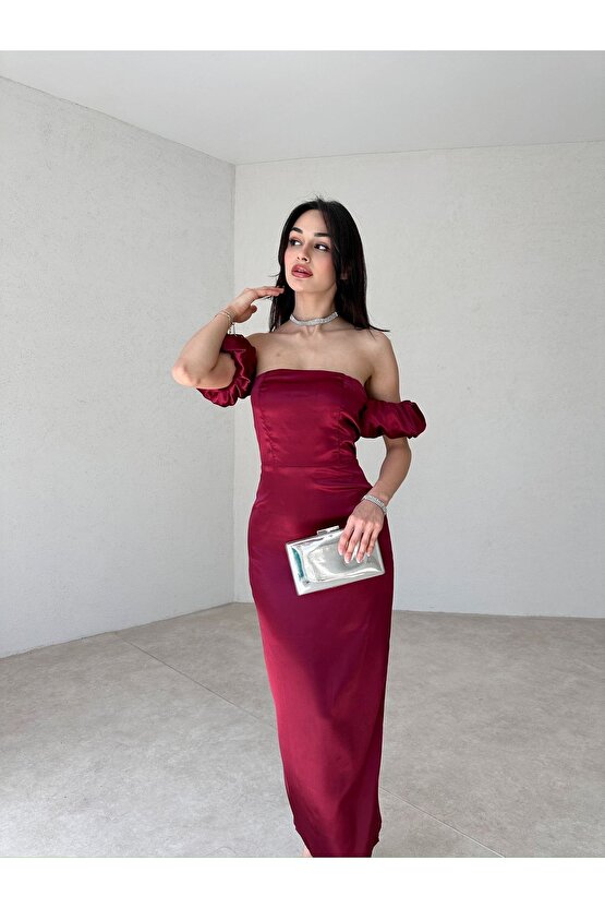 Straplez Kol Detaylı Yırtmaçlı Midi Boy Bordo Şifon Elbise