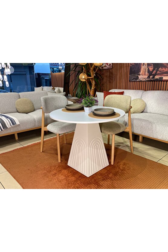 100 cm Yuvarlak Bohem Bej Ahşap Yemek Masası - Bej Krem Mutfak ve Salon Yemek masası