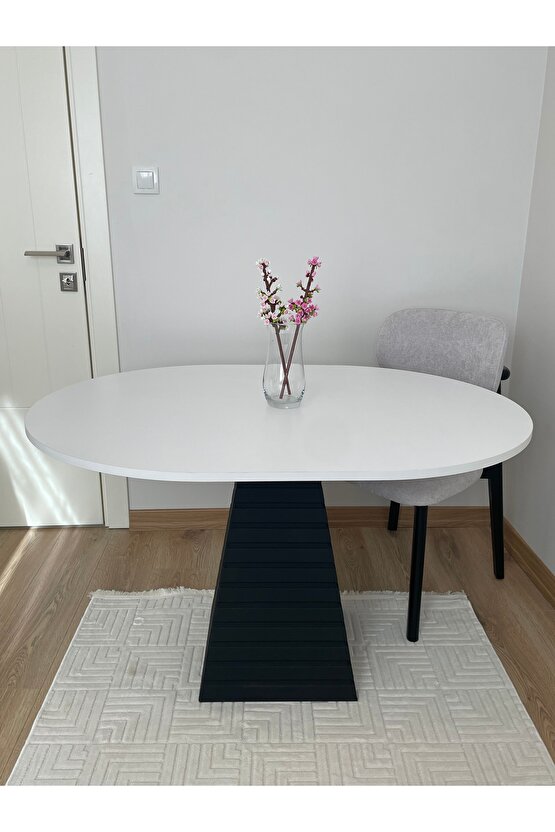 120x90 Cm Yuvarlak Beyaz Eksen Ahşap Yemek Masası - Fungi Serisi - Mutfak, Balkon Kafe Masası