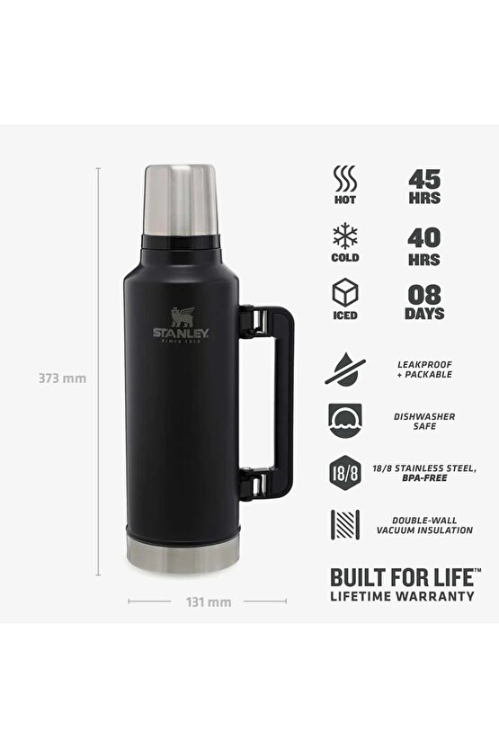 Klasik Vakumlu Paslanmaz Çelik 1.9L Unisex Siyah Termos